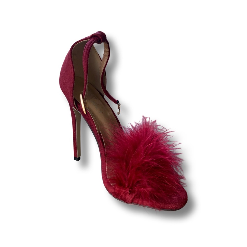 MMJULY Open Toe Ankle Strap Feathered Stiletto Heel